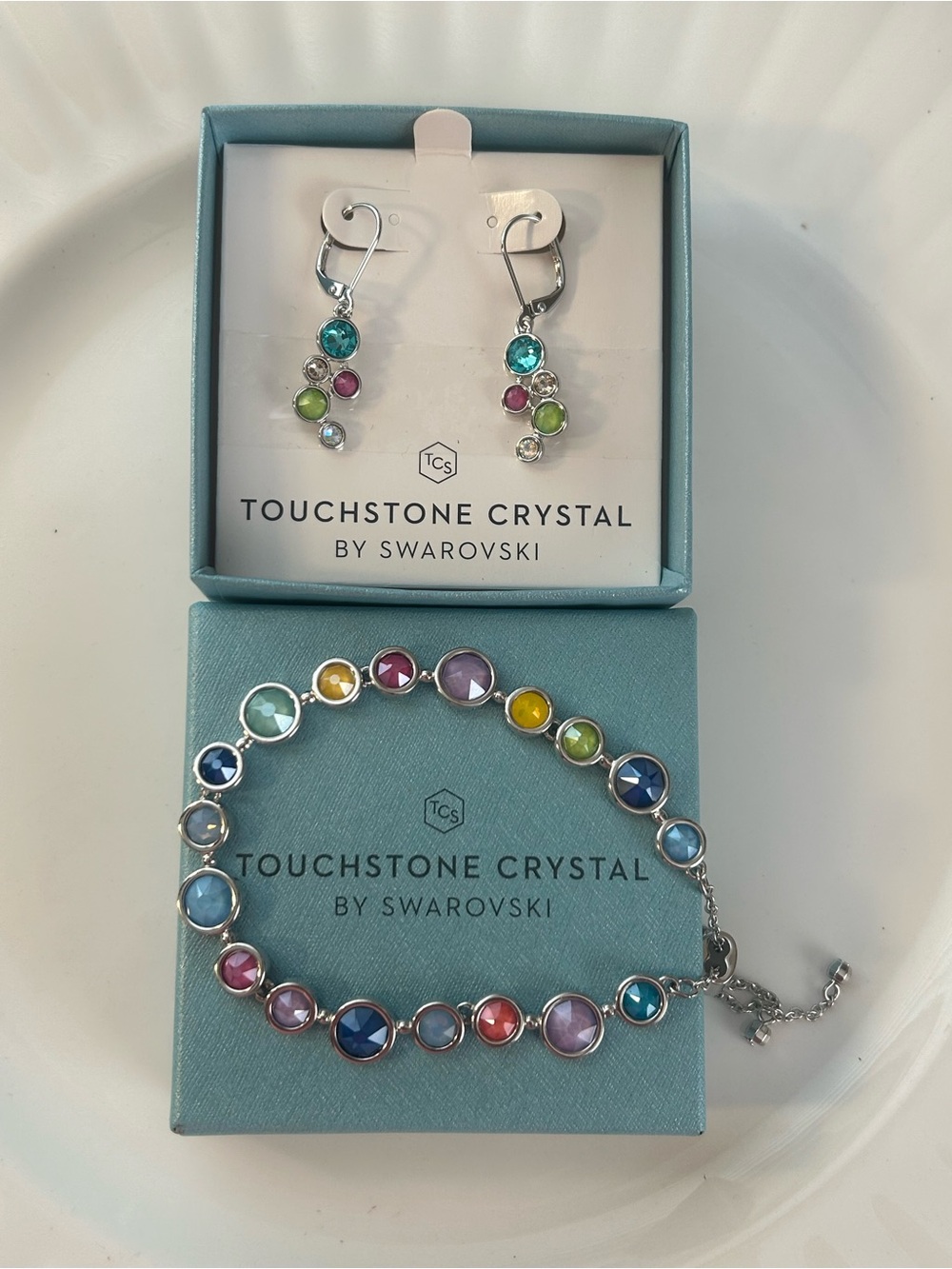 Swarovski Touchstone Crystal all around multi-colored bracelet & earrings. New.